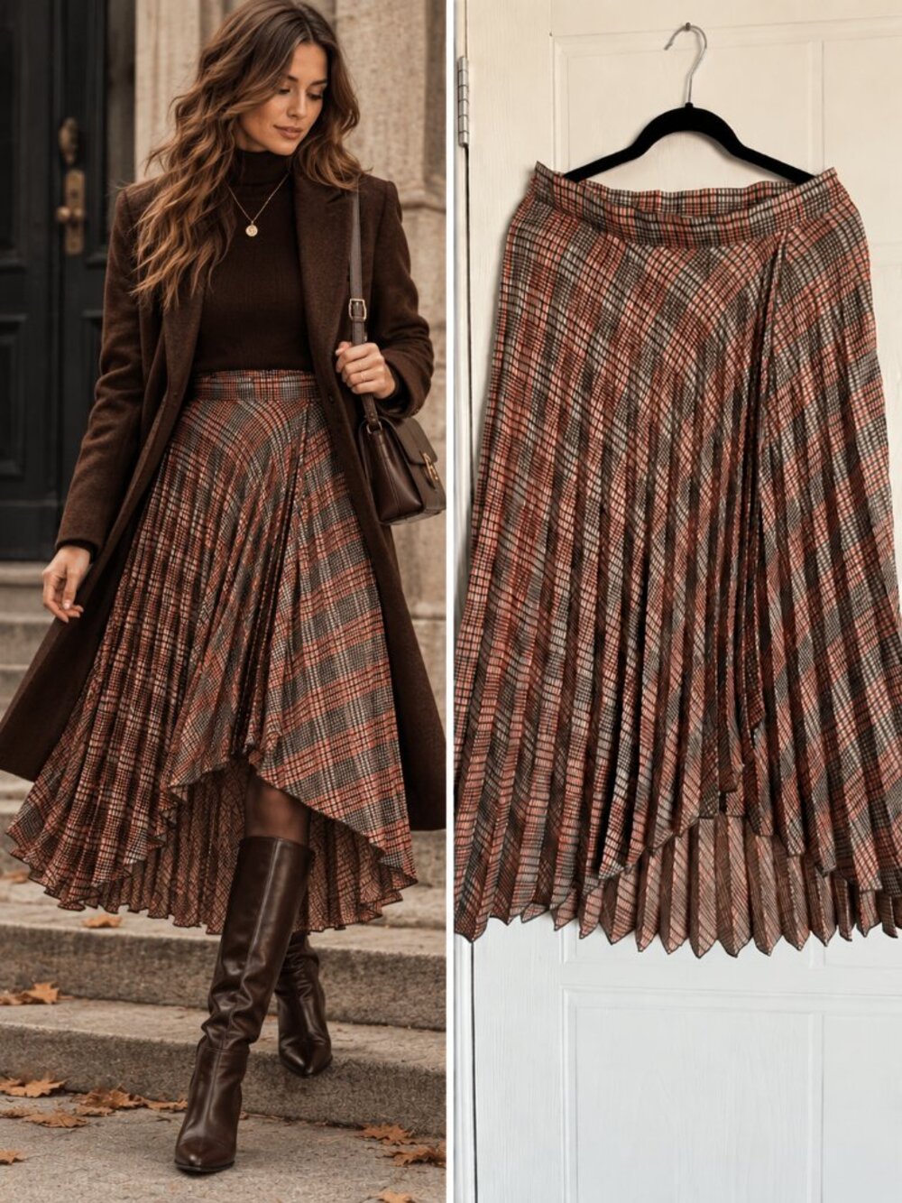 Dark Academia H&M Asymmetric High Low Pleated Plaid Wrap Midi Skirt Size 10